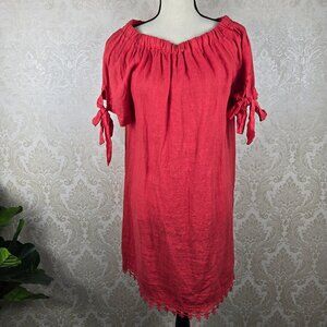 Lungo L'Arno Sz Medium Red 100% Linen Shift Dress On/Off Shoulder Lace Trim NWT